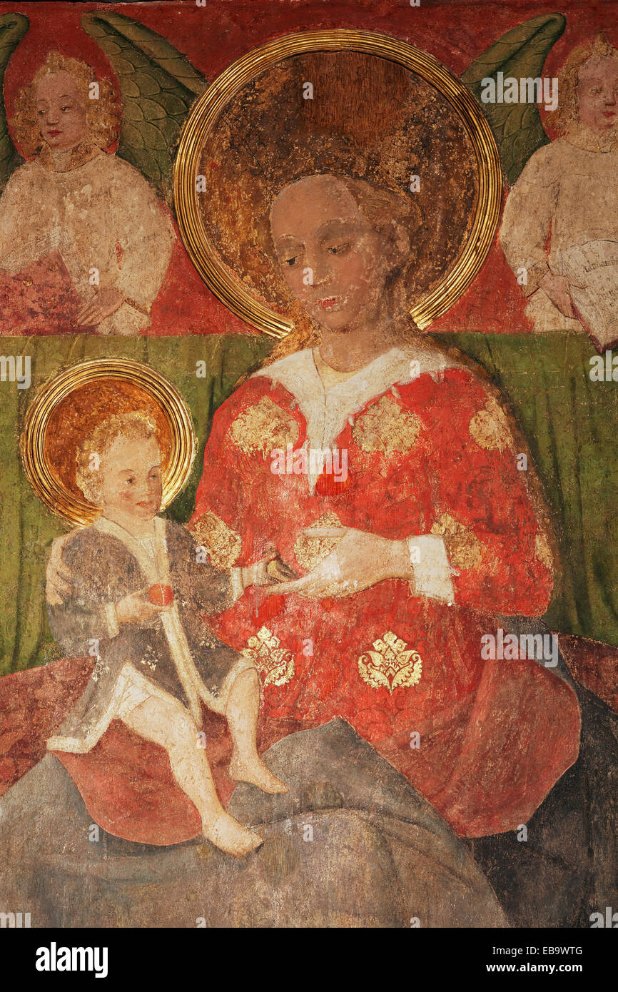 Peinture murale, Madonna avec l'Enfant Jésus sur ses genoux, la fresque du 15ème siècle, Basilique de St Lambertus Banque D'Images