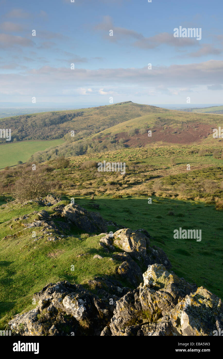 Le caractère distinctif haut de Crook Peak vu de l'indécision sur les collines de Mendip, dans le Somerset. Banque D'Images