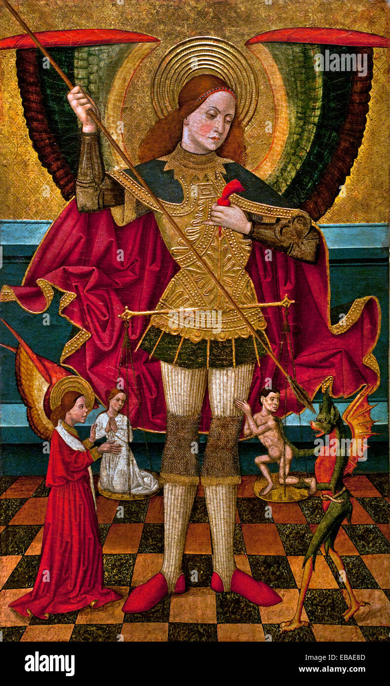Saint Michel pesant les âmes 1480 Juan de la Abadía, connu sous le nom de 'l'ancien' Huesca, Espagne 1469-1498 L'art gothique médiévale espagnole Banque D'Images