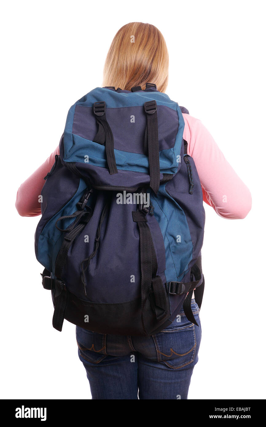 Vue arrière d'une femelle backpacker Banque D'Images