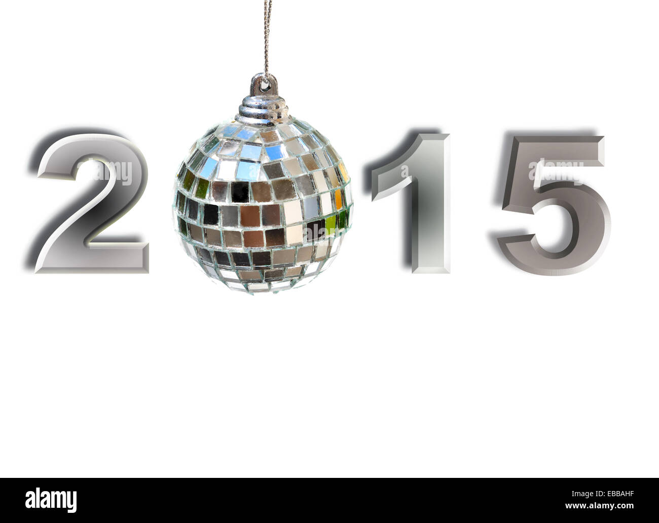 2015 avec une boule disco et couleurs refections sur fond blanc Banque D'Images