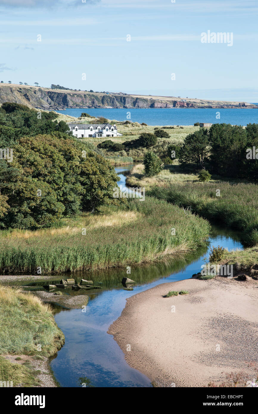 Vue sur Lunan Bay sur la côte d'Angus en Écosse. Banque D'Images