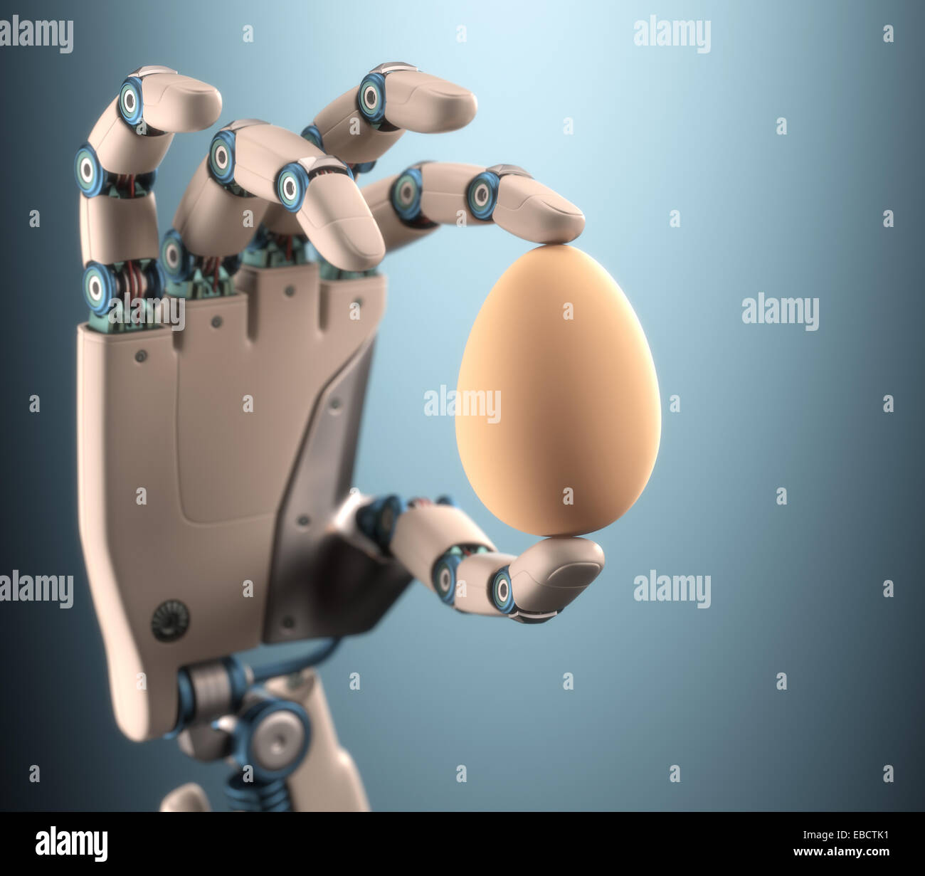 Robot-main tenant un oeuf de poule. Chemin de coupure sur l'oeuf. Banque D'Images