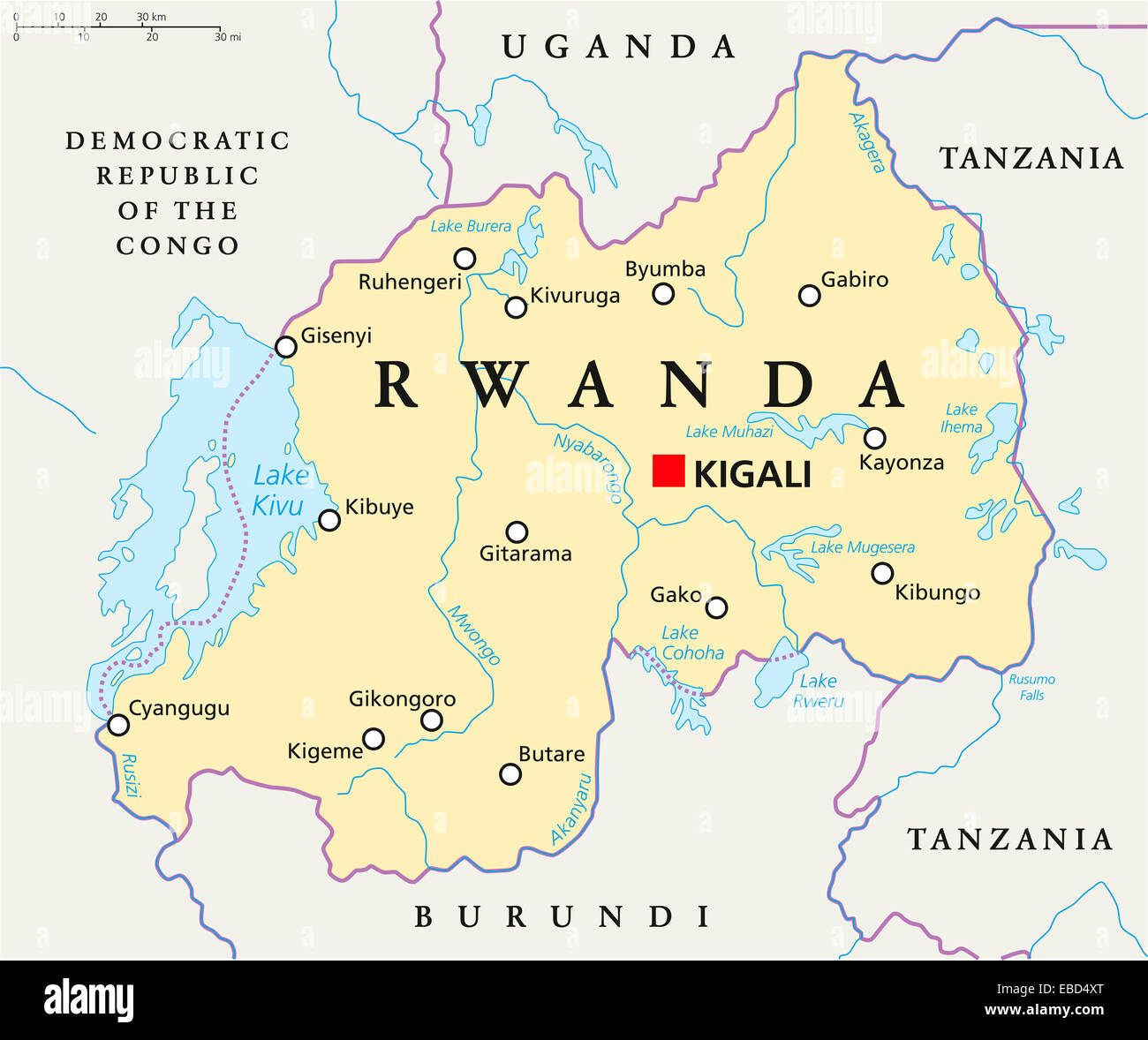 Carte politique avec le Rwanda Kigali, capitale des frontières nationales,  d'importantes villes, rivières et lacs. English l'étiquetage et à l'échelle  Photo Stock - Alamy