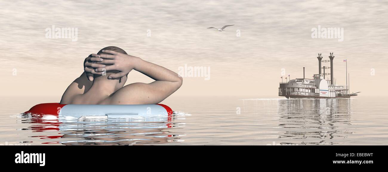 L'homme accroché à une bouée dans l'océan à la recherche d'un navire quittant désespérément loin sans le voir Banque D'Images