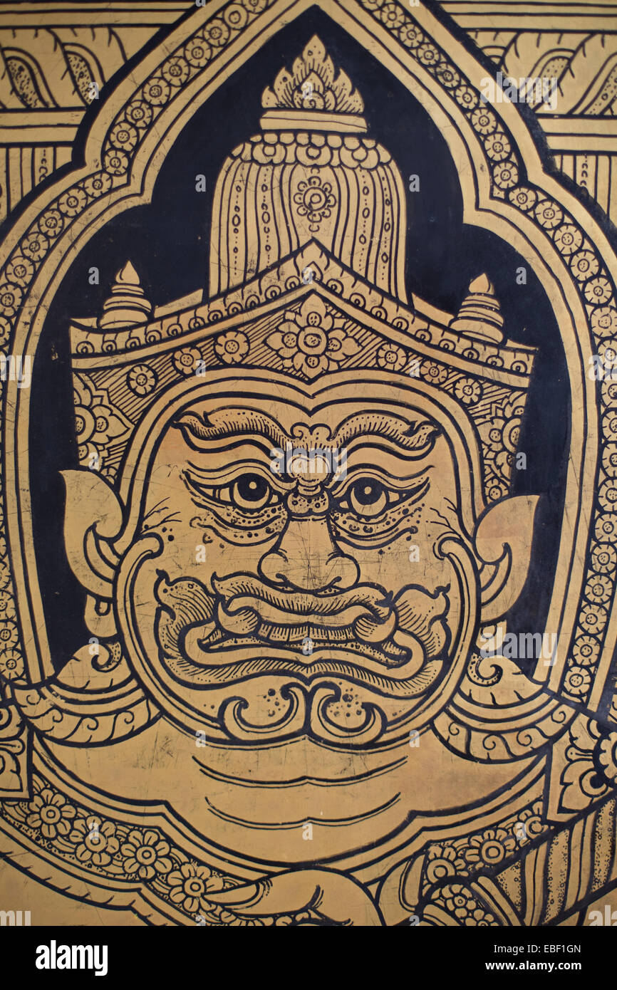 Image mythique sur une porte au Wat Traimit, Bangkok, Thaïlande. Banque D'Images