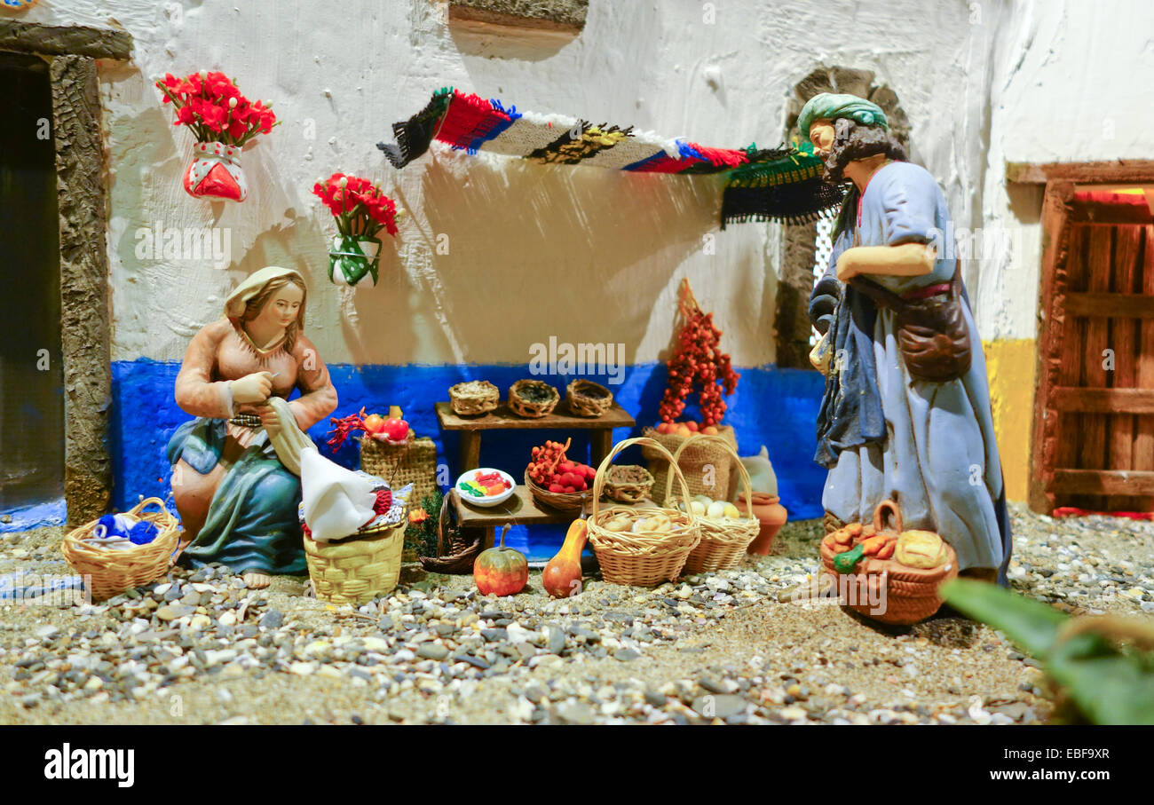 Une crèche de Bethléem, Belen, Noël Espagne. femme vendeur de légumes. chiffres. traditions espagnoles. Catholique. Banque D'Images