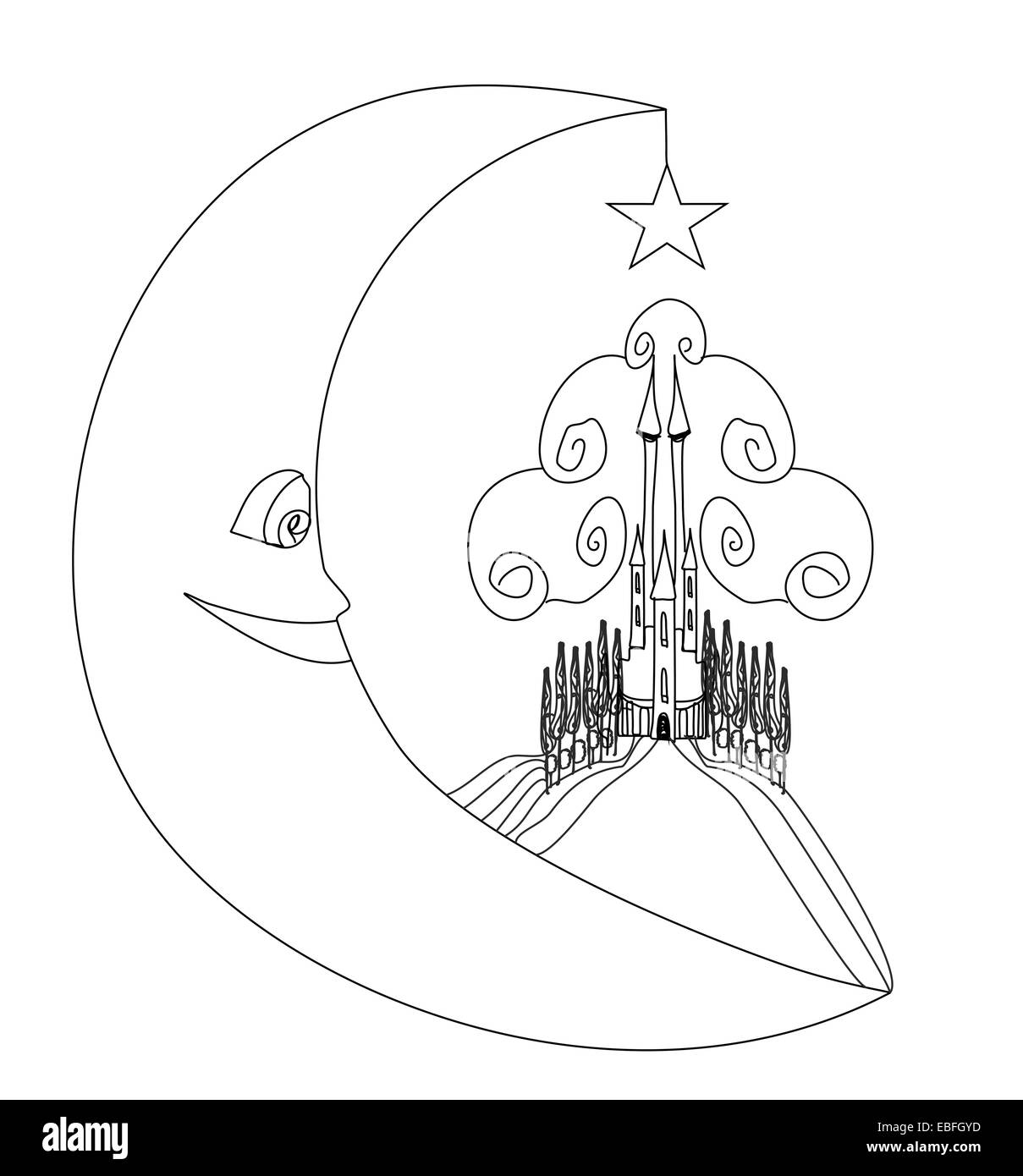 Château médiéval et smiling moon - dessin illustration Banque D'Images