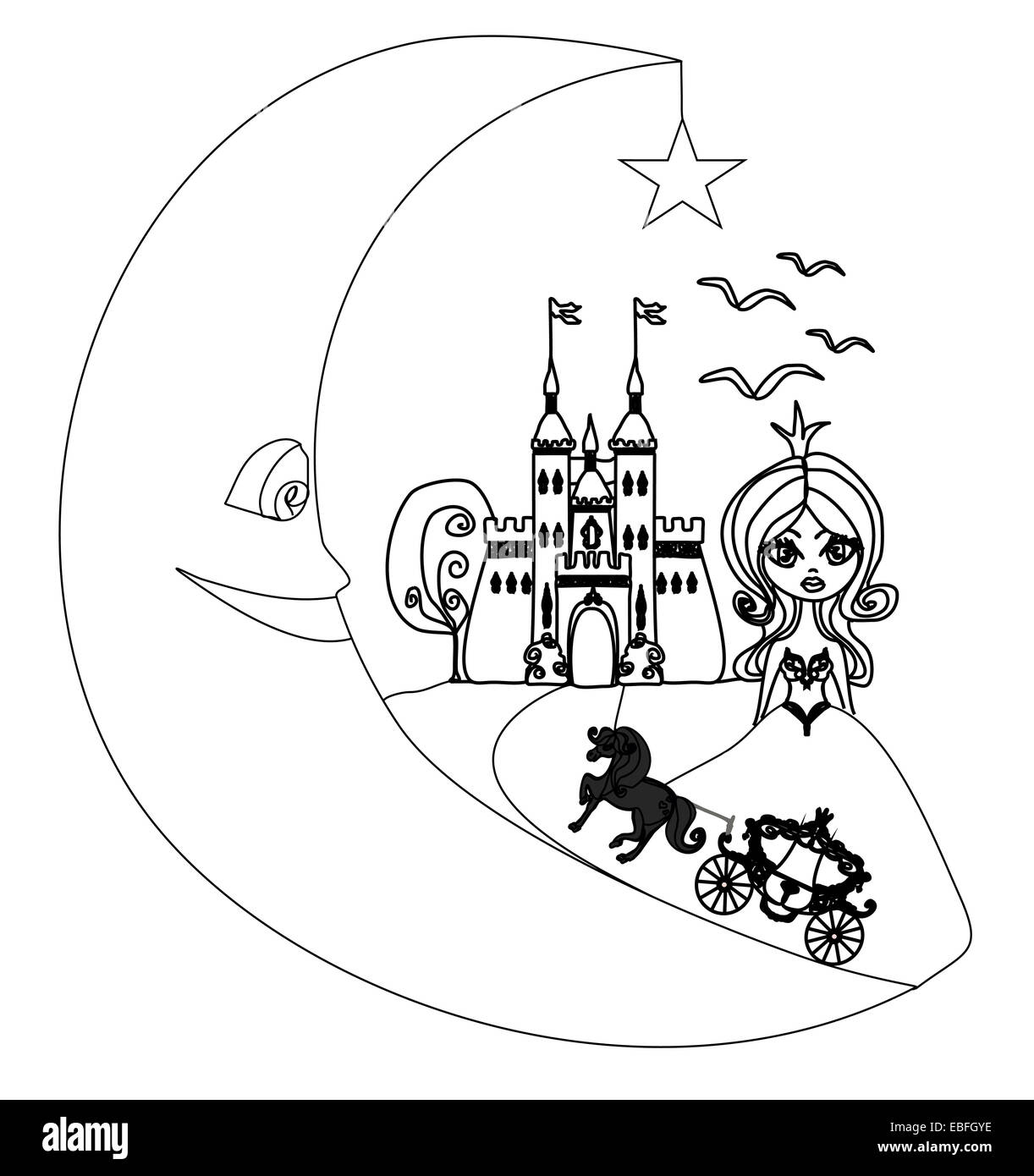 Château médiéval,princess, le transport et la lune - dessin illustration Banque D'Images