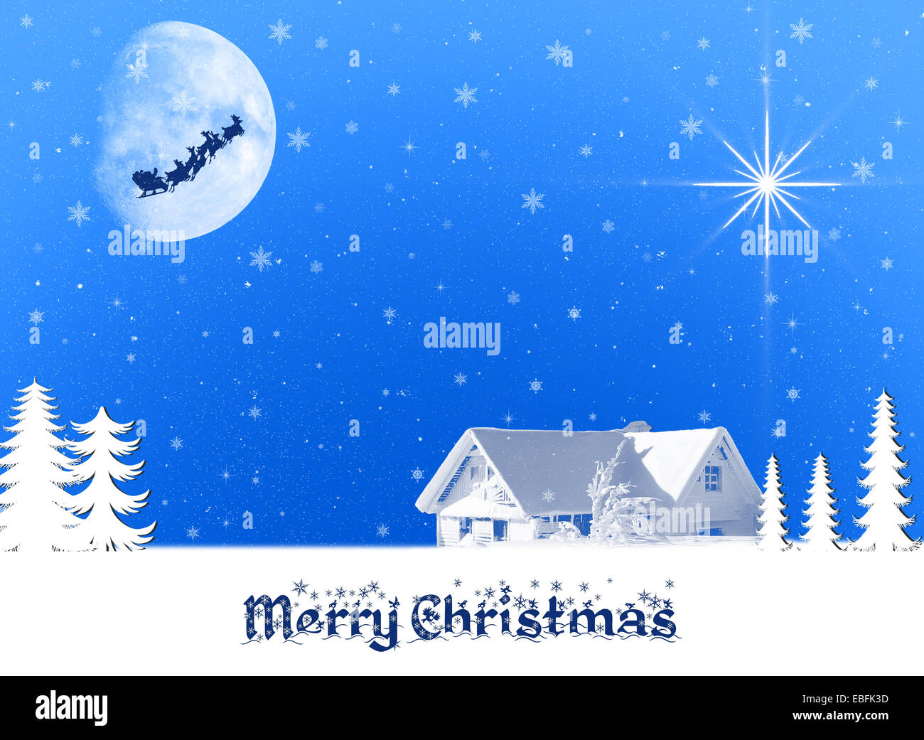 Noël arrière-plan, illustration avec des étoiles et des arbres d'une maison Banque D'Images