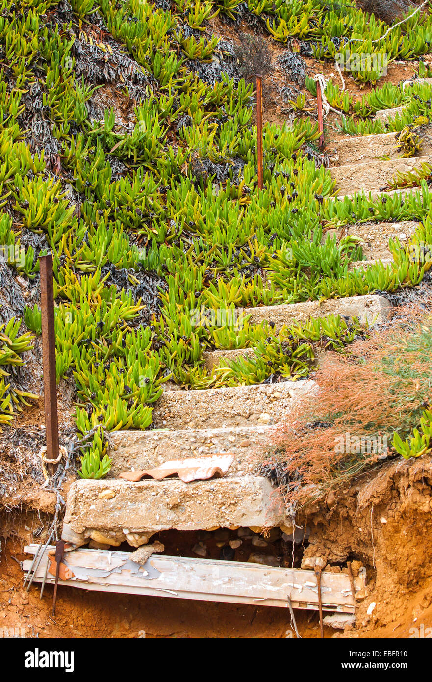 Ancien escalier en béton en ruine sur la plage de Nea Moudania, péninsule de Halkidiki, Grèce Banque D'Images