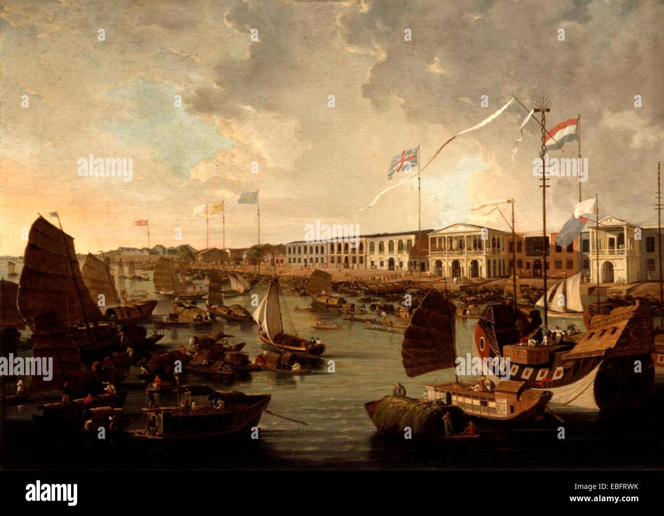 Vue sur le Canton les usines - par William Daniell, 1805-1806 Peinture de la ville de Canton (Guangzhou) - avec la rivière des Perles et certains des 13 usines des Européens Banque D'Images