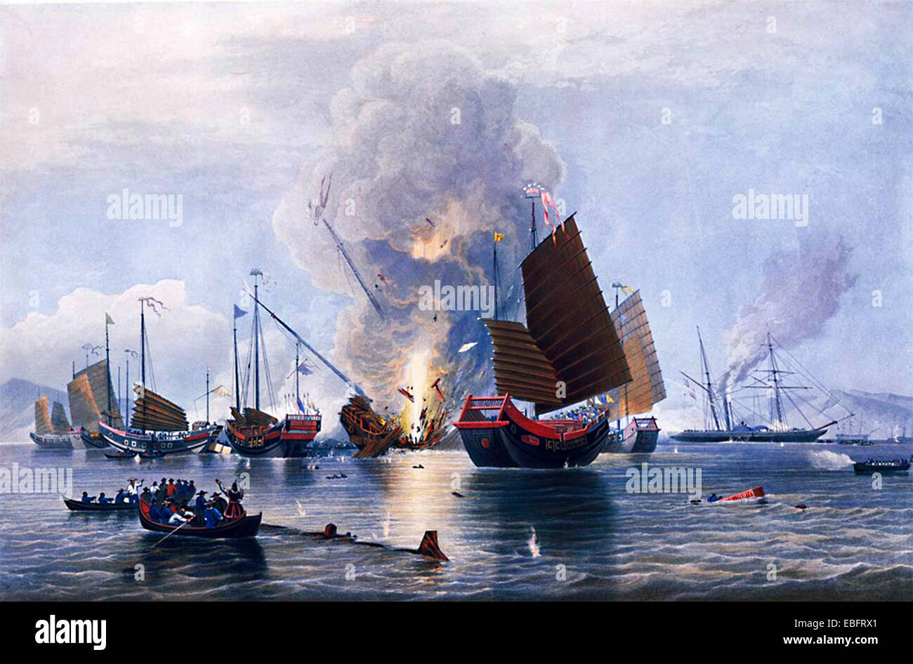 La East India Company à vapeur fer Nemesis, commandé par le lieutenant W. H. Hall, avec des bateaux à partir de la teneur en soufre, Calliope, Larne et Starling, détruisant les jonques de guerre chinois dans Anson's Bay, le 7 janvier 1841, md exhortant la guerre de l'Opium Banque D'Images