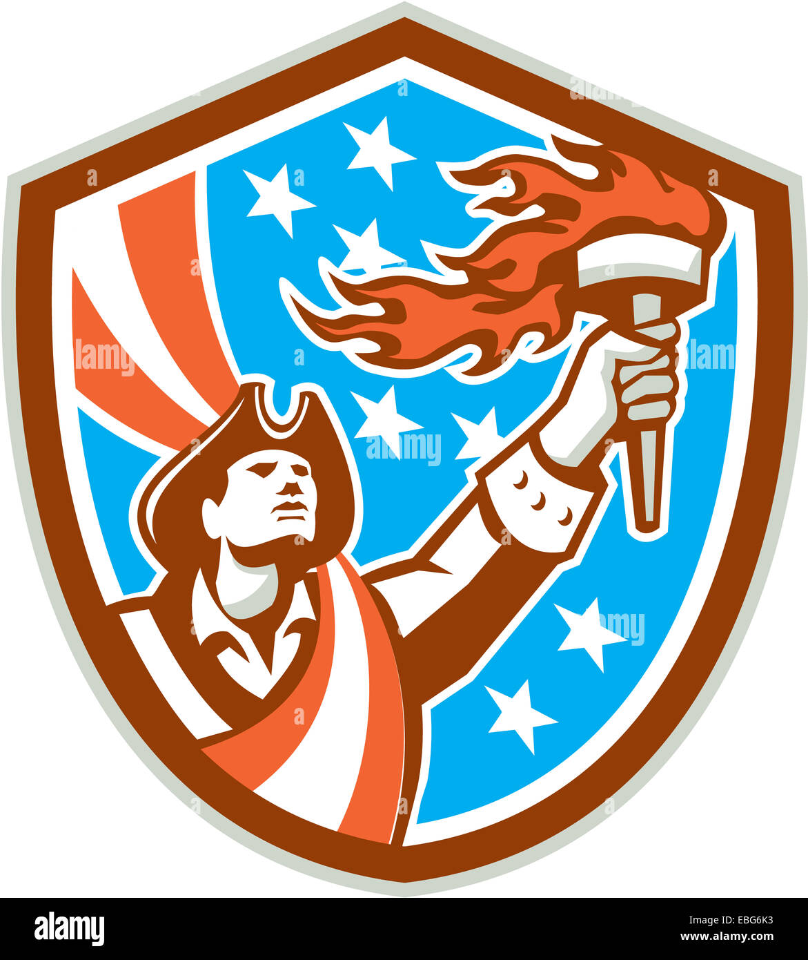 Illustration d'un patriote américain tenant une torche enflammée à l'intérieur set up shield crest avec USA stars and stripes drapeau dans l'arrière-plan fait en style rétro. Banque D'Images