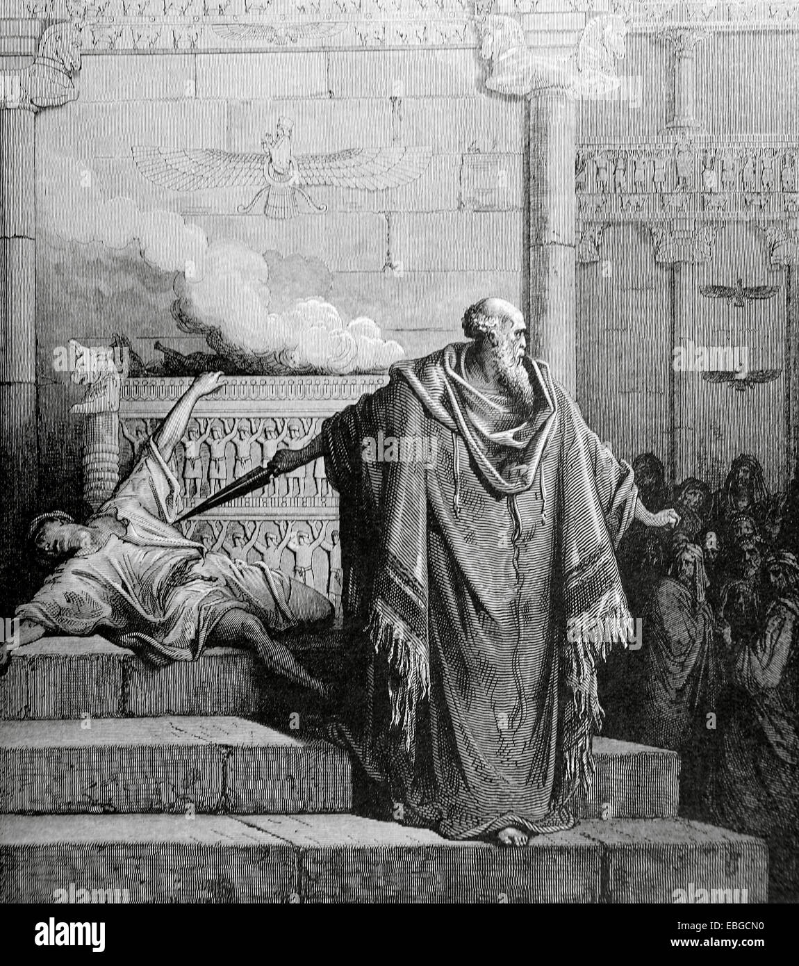 Ancien Testament. Mattathias tue le profane. Mattathias et l'apostat. Dessin de Gustave Dore, gravure par Pannemaker. Banque D'Images
