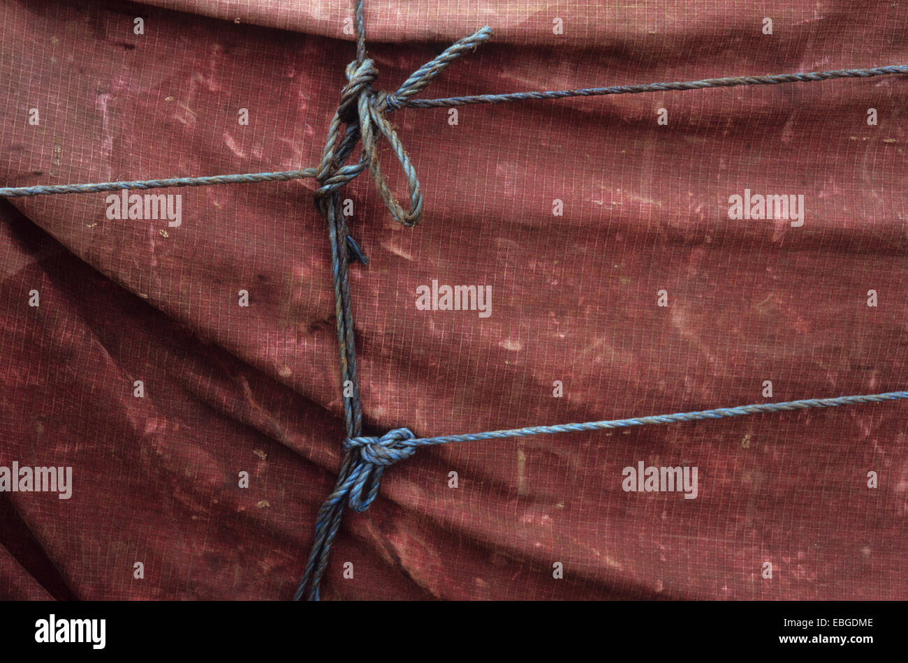 Détail de bâche rouge foncé rayé bleu et surmonté d'un cordage en nylon avec noeuds l'ancrant Banque D'Images