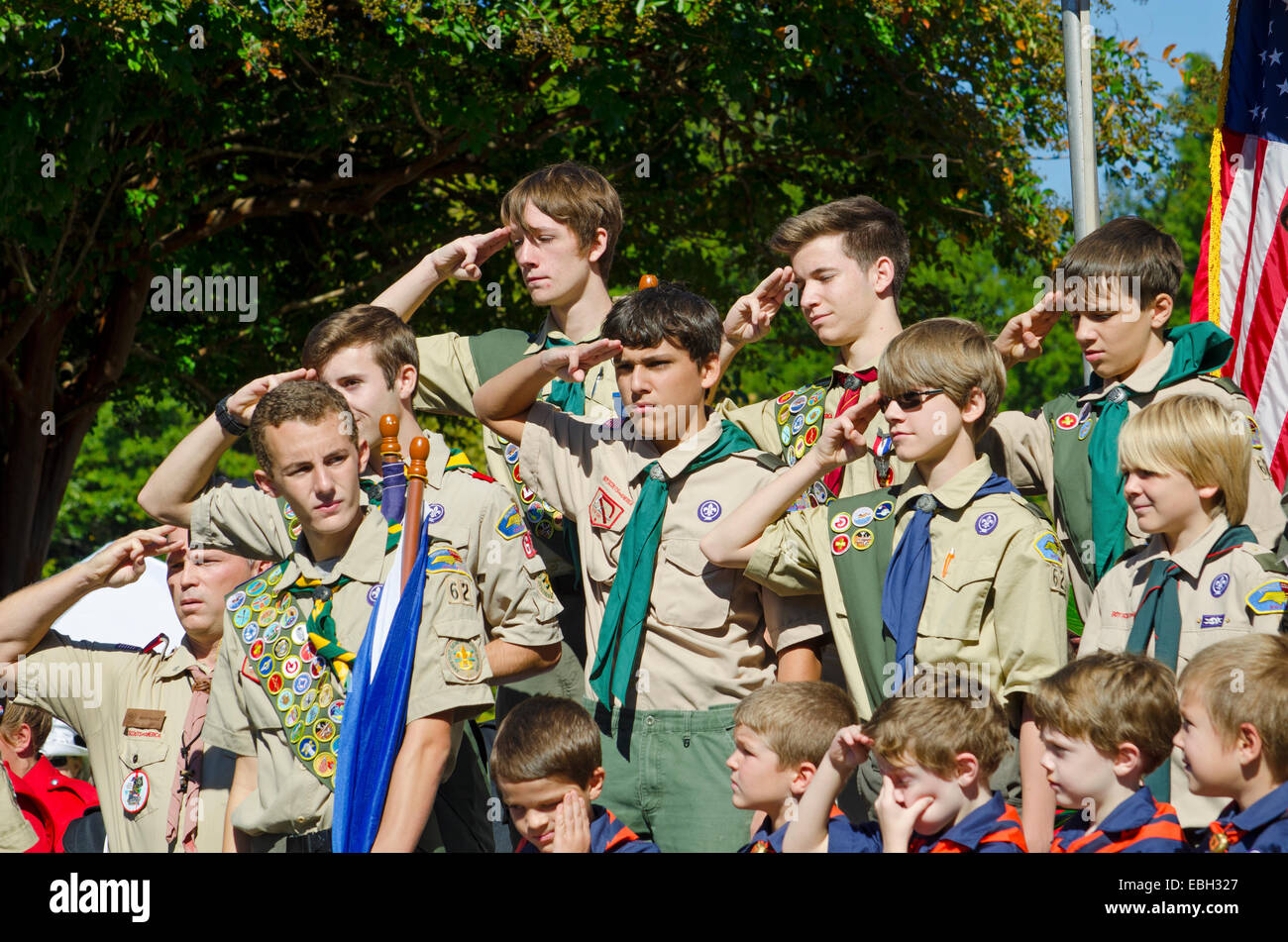 Scouts et louveteaux d'Amérique au garde à vous et salue pendant un discours en l'honneur des anciens combattants de la Deuxième Guerre mondiale. Banque D'Images