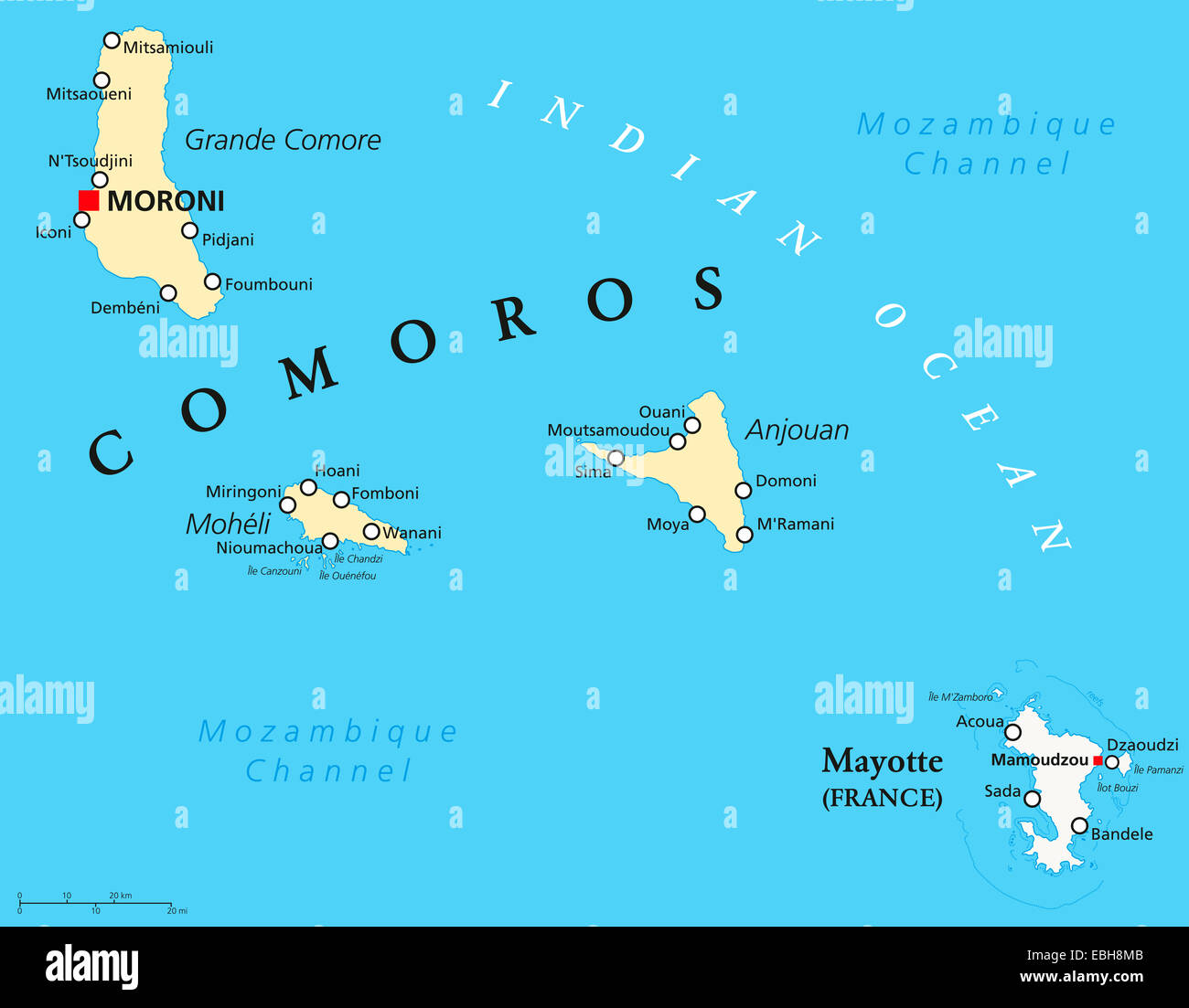 Comores et Mayotte Carte Politique Banque D'Images