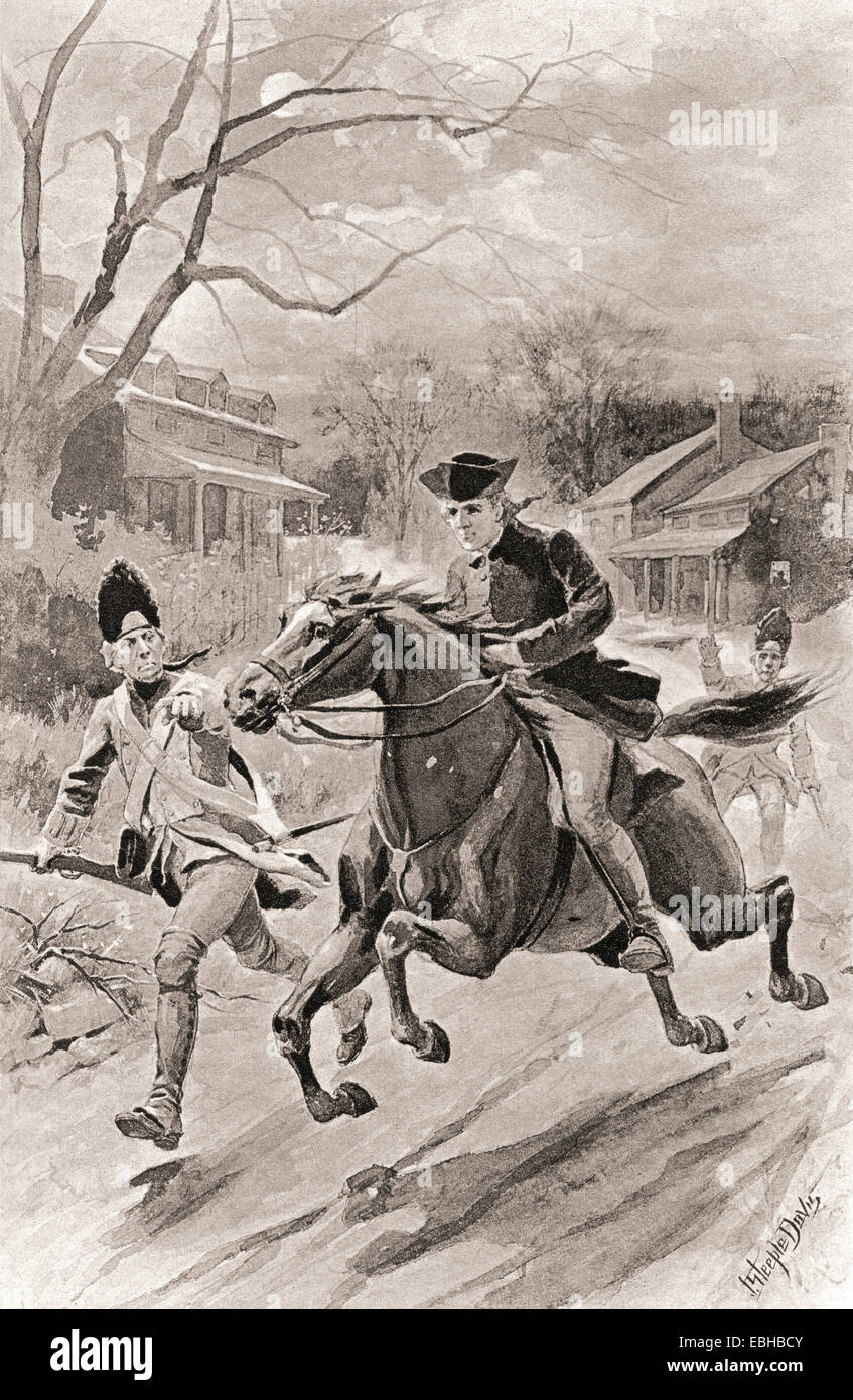 Paul Revere's ride de minuit, le 18 avril 1775, d'alerter la milice coloniale à l'approche des forces britanniques. Banque D'Images