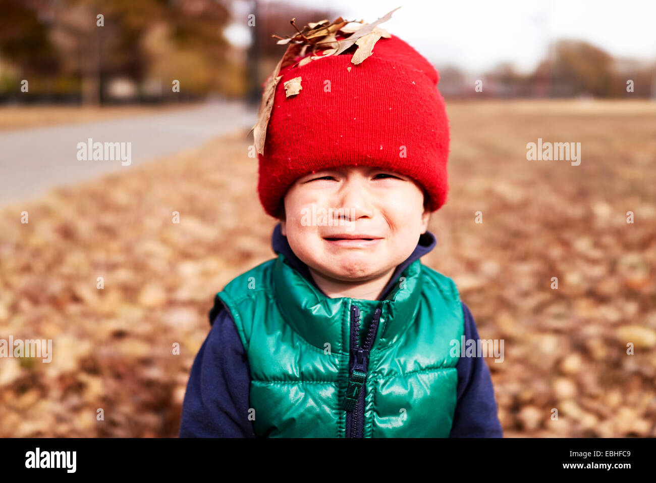 Portrait of male toddler avec feuilles d'automne sur red hat tricoté Banque D'Images