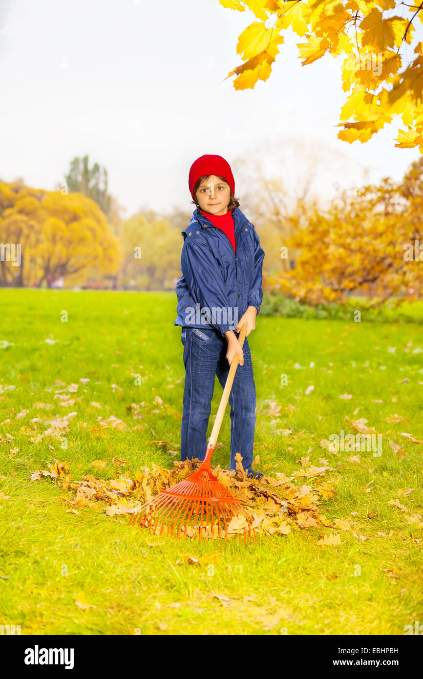 Boy holding rake rouge pour nettoyer les feuilles d'automne Banque D'Images