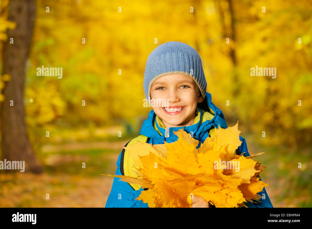 Portrait de petit garçon avec des feuilles d'érable jaune Banque D'Images