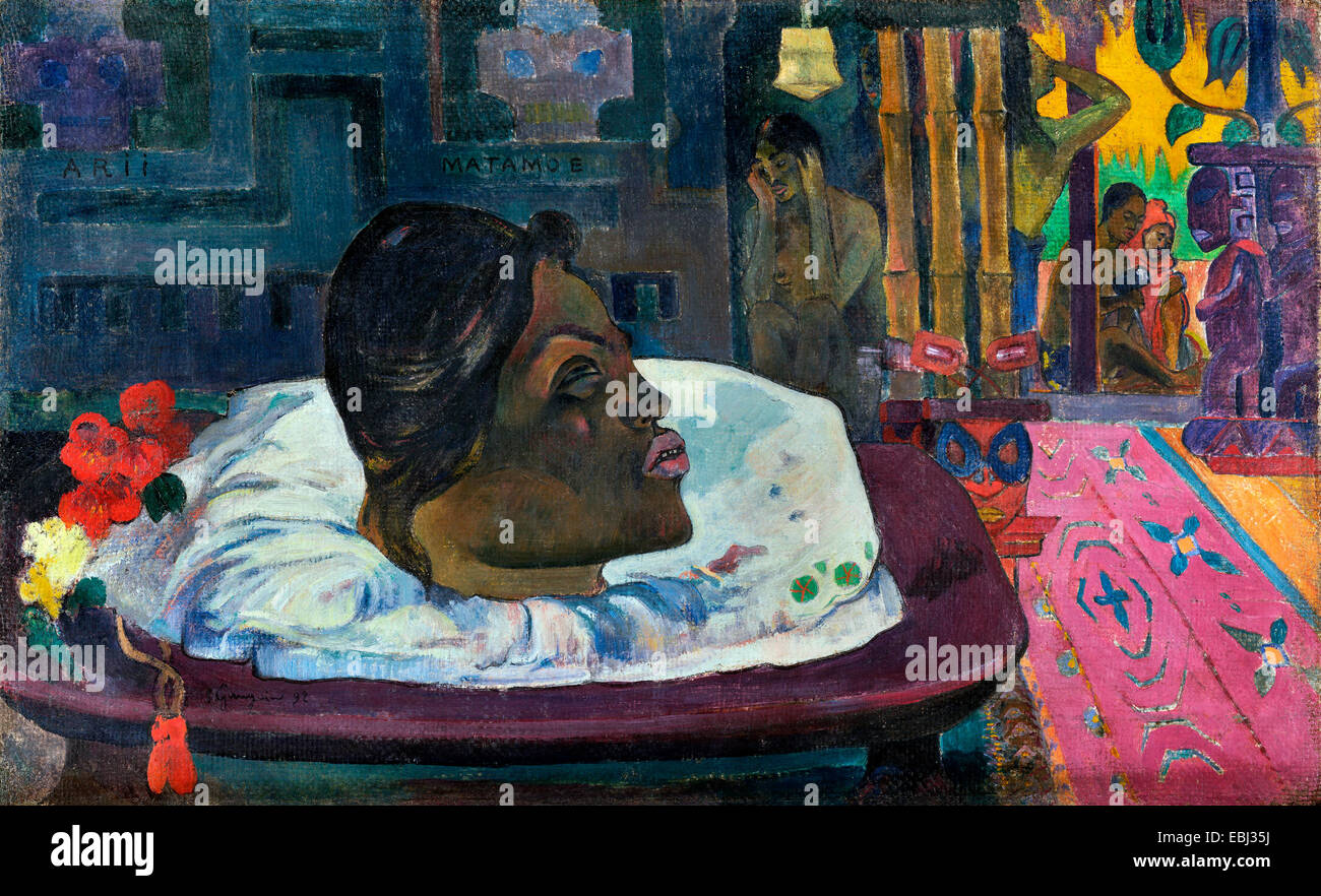Arii Matamoe, Paul Gauguin - La fin royale. 1892 Huile sur toile grossière. Le J. Paul Getty Museum, USA. Banque D'Images