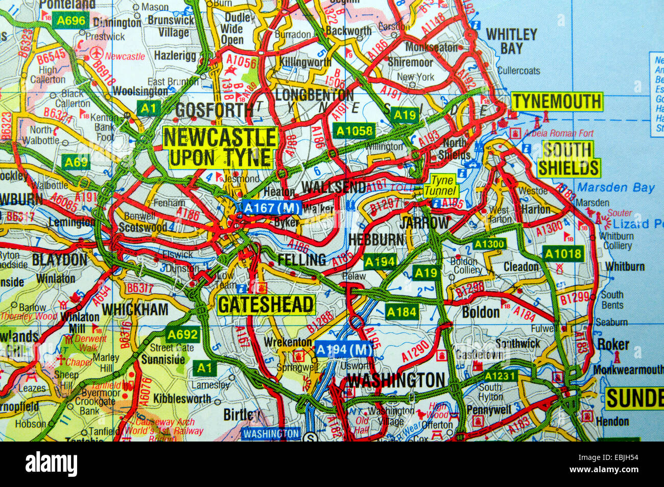 Carte routière de Tyneside, Angleterre du Nord-Est. Banque D'Images