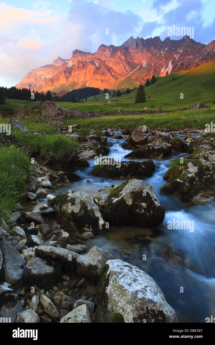 Vue sur une prairie avec un ruisseau au massif de l'Alpstein avec la plus haute montagne Saentis (2502 m) dans la lumière résiduelle, Suisse Banque D'Images