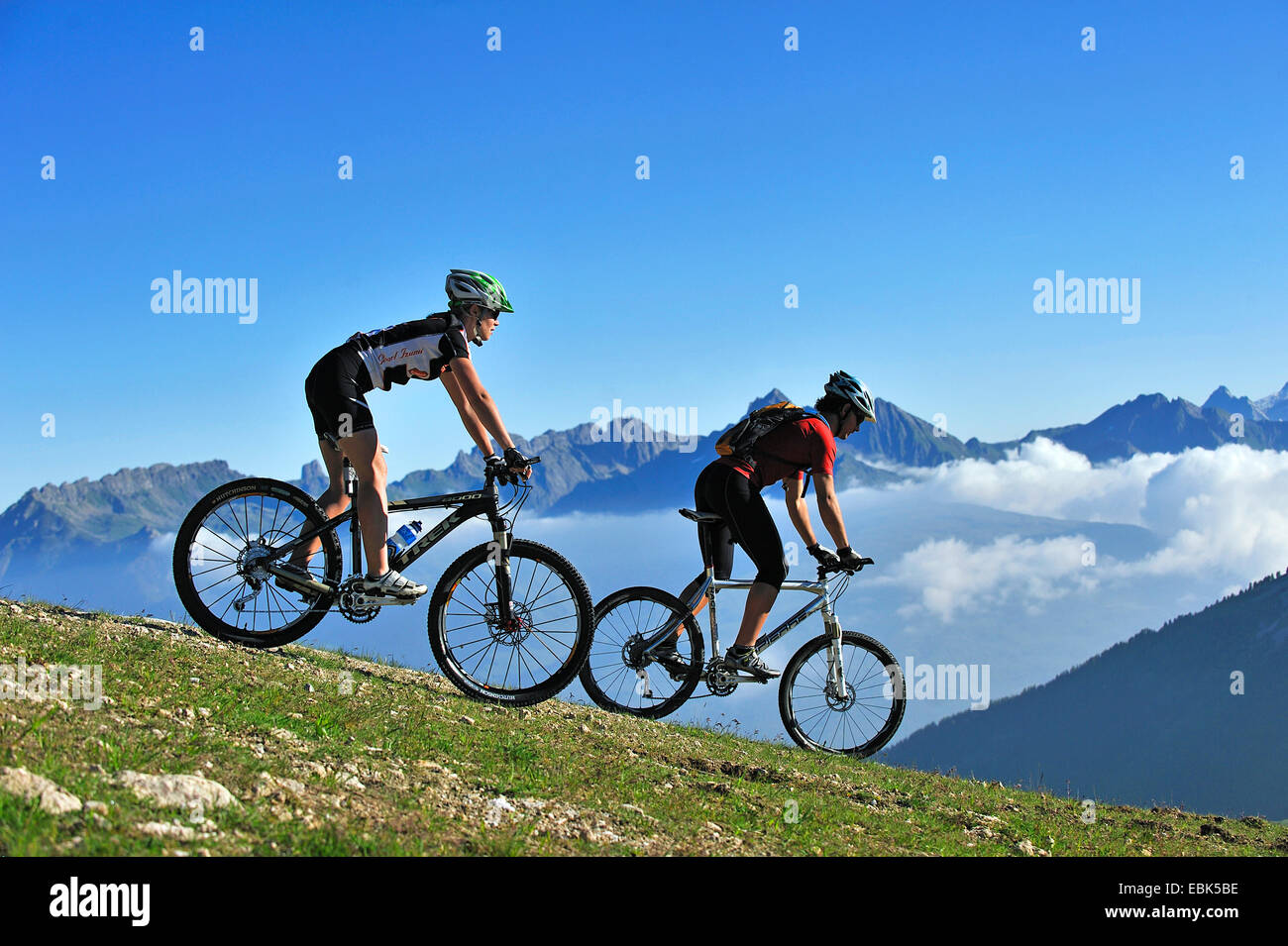 Deux mountain biker on mountain meadow appréciant les paysages de montagne, France, Savoie, La Plagne Banque D'Images