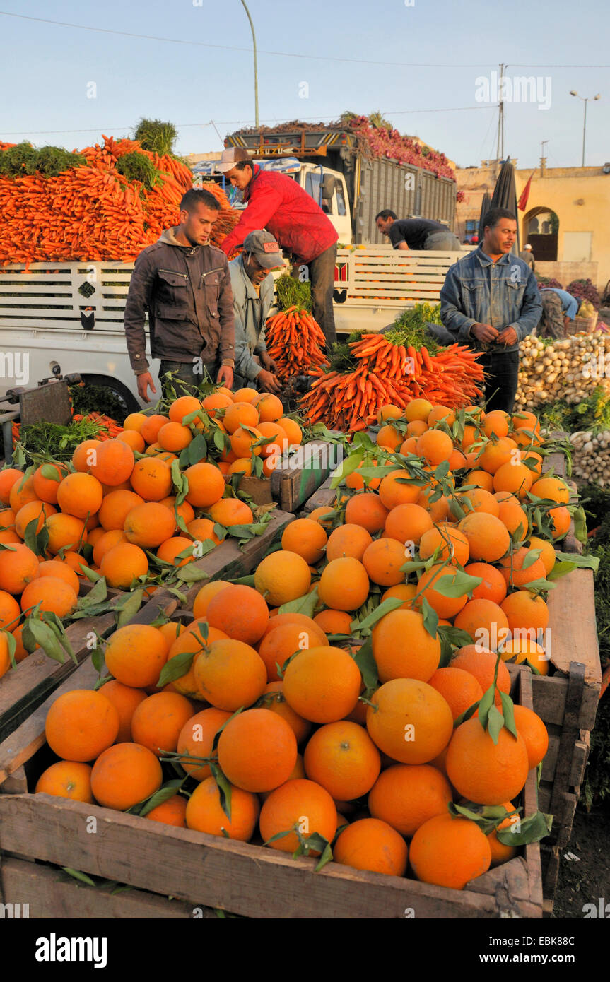 Les oranges et les carottes sur le marché, Maroc, Inezgane Banque D'Images