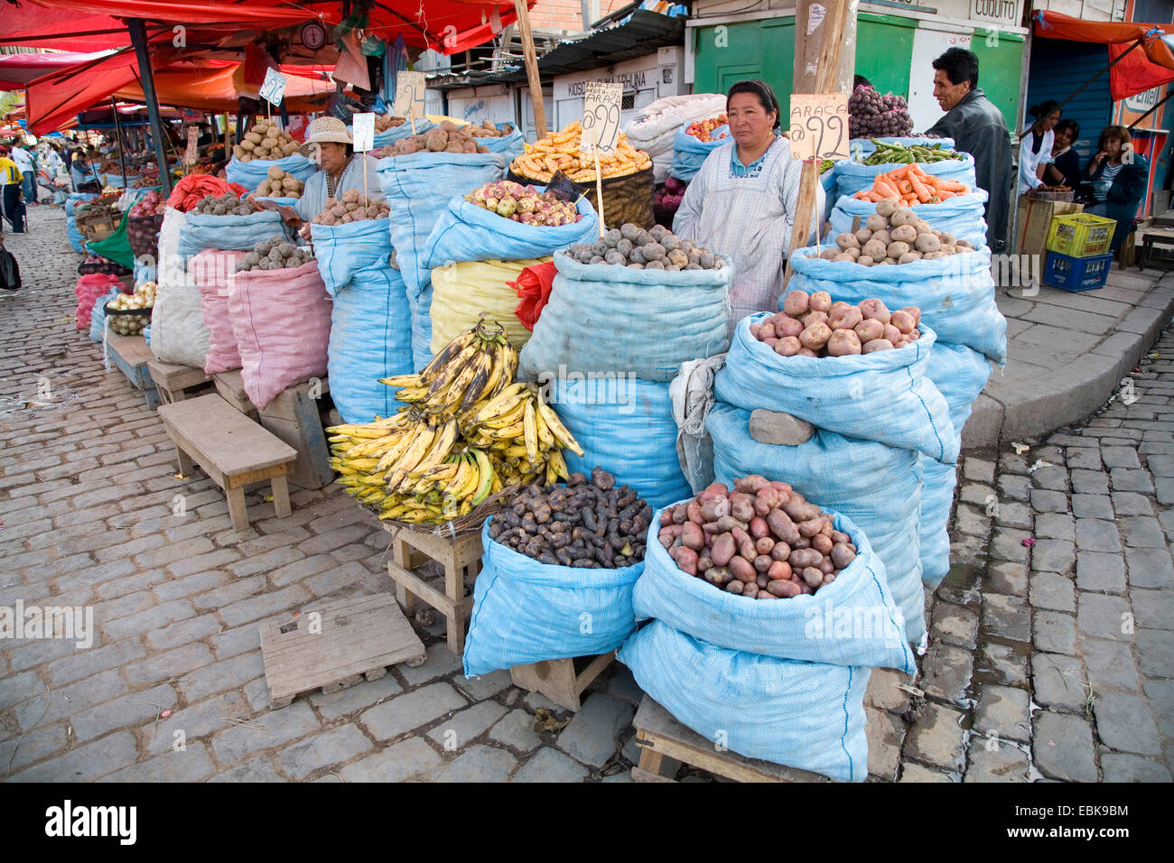 Stand du marché de légumes et fruits, la BOLIVIE, La Paz Banque D'Images