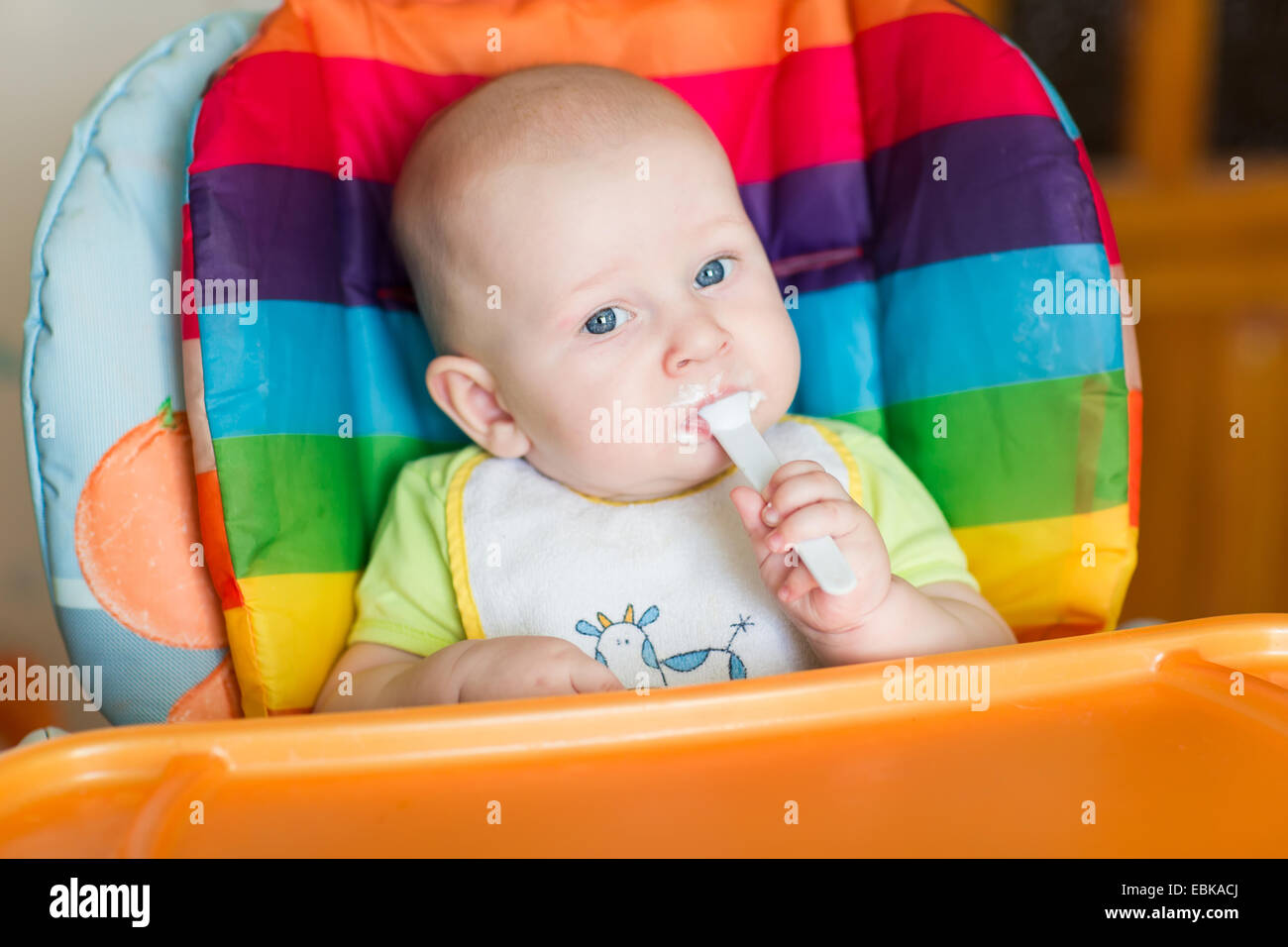 Adorable bébé de manger dans une chaise haute. Comme premier aliment solide Banque D'Images