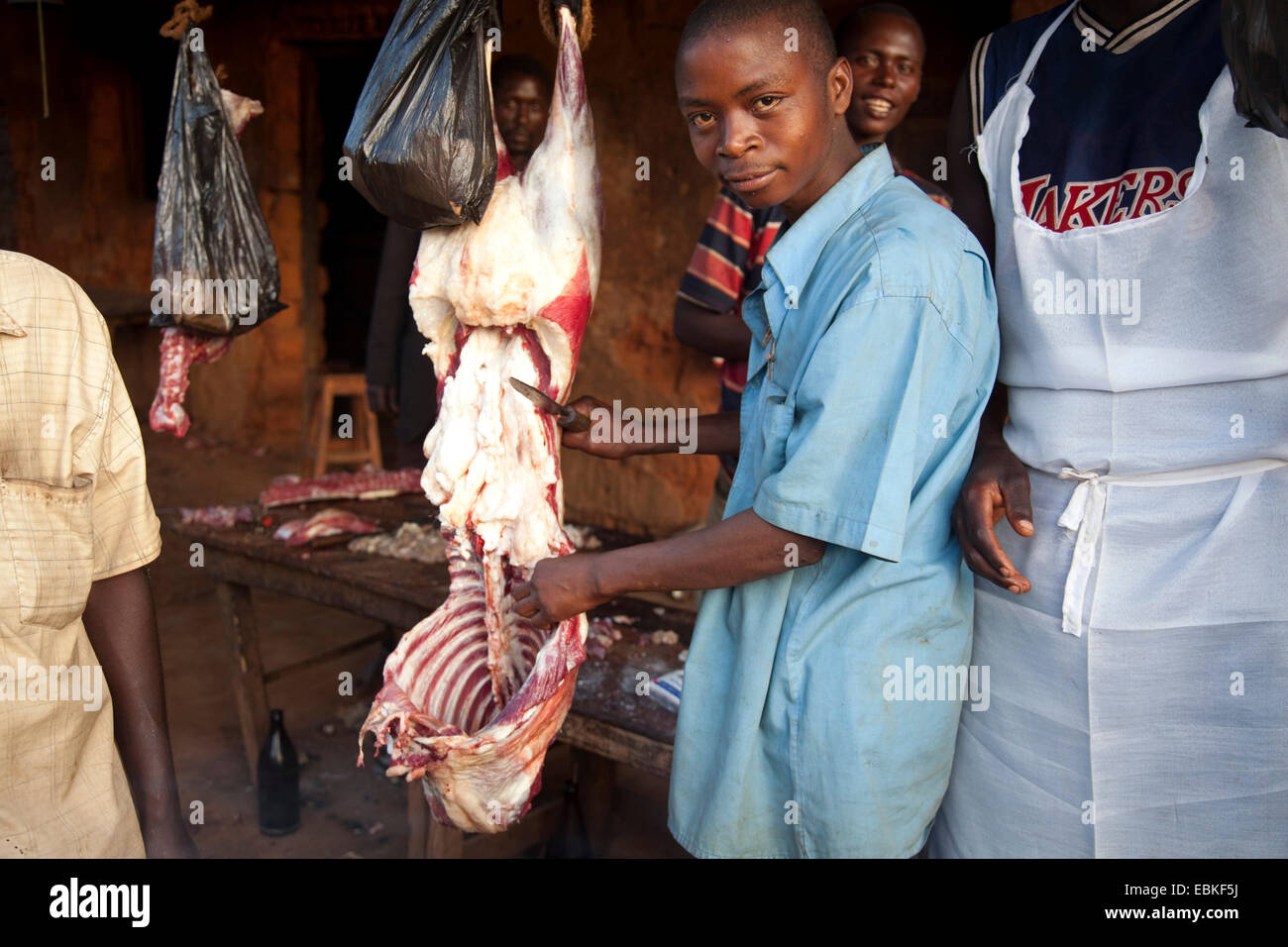 Jeune butcher éventrer une chèvre au bord de la route, au Burundi, à proximité de Parc National de la Ruvubu, Cankuzo Banque D'Images