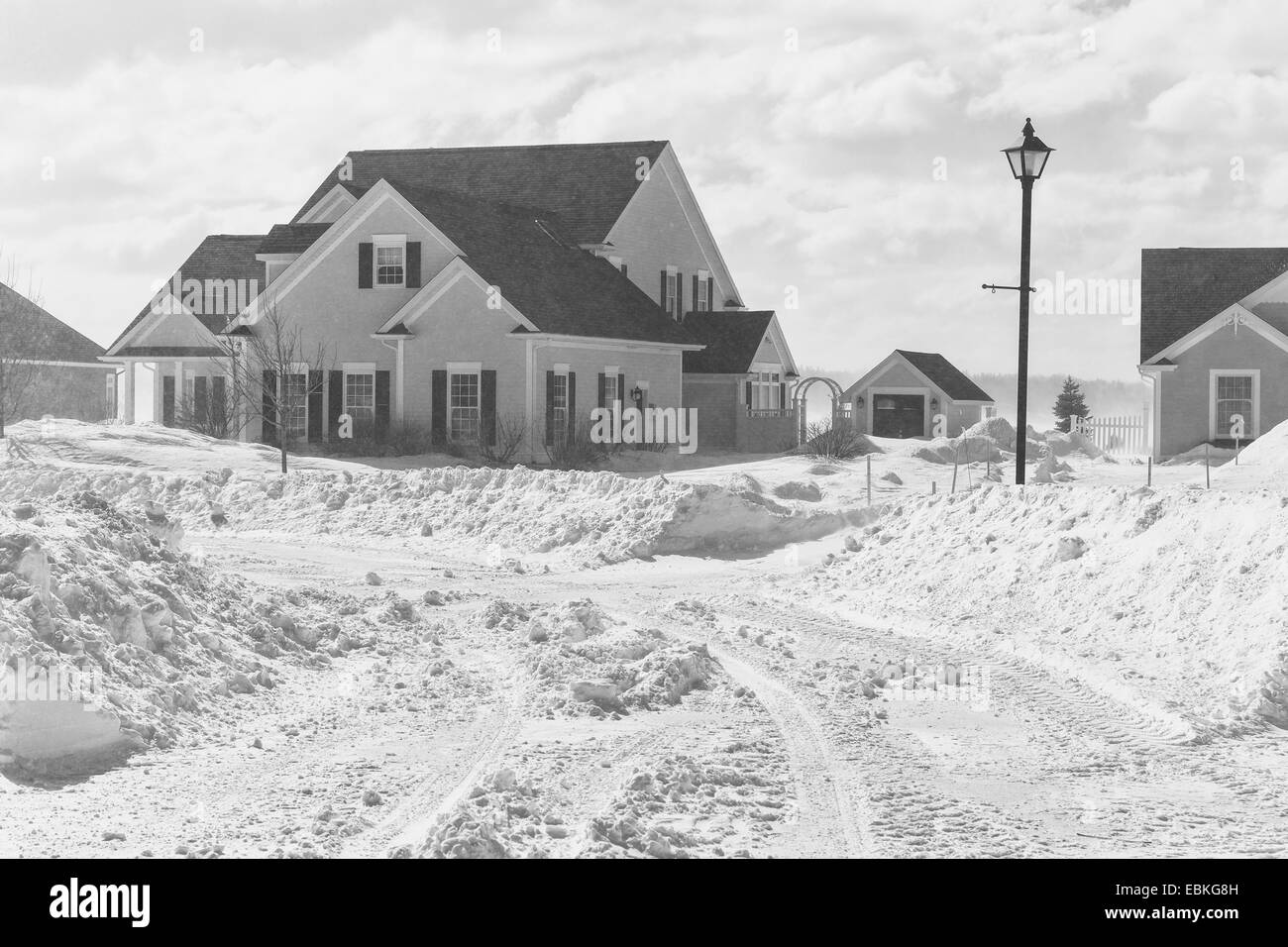 La mauvaise visibilité avec de forts vents soufflant autour de neige lors d'une tempête de neige dans la banlieue. Banque D'Images
