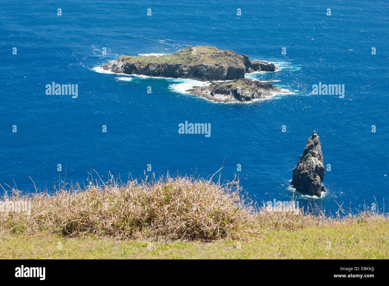 L'île de Pâques Rapa Nui, aka Orongo Rapa Nui, NP. Sommaire des petits îlots de Moto Nui et Iti, Moto Moto Kao Kao. Banque D'Images