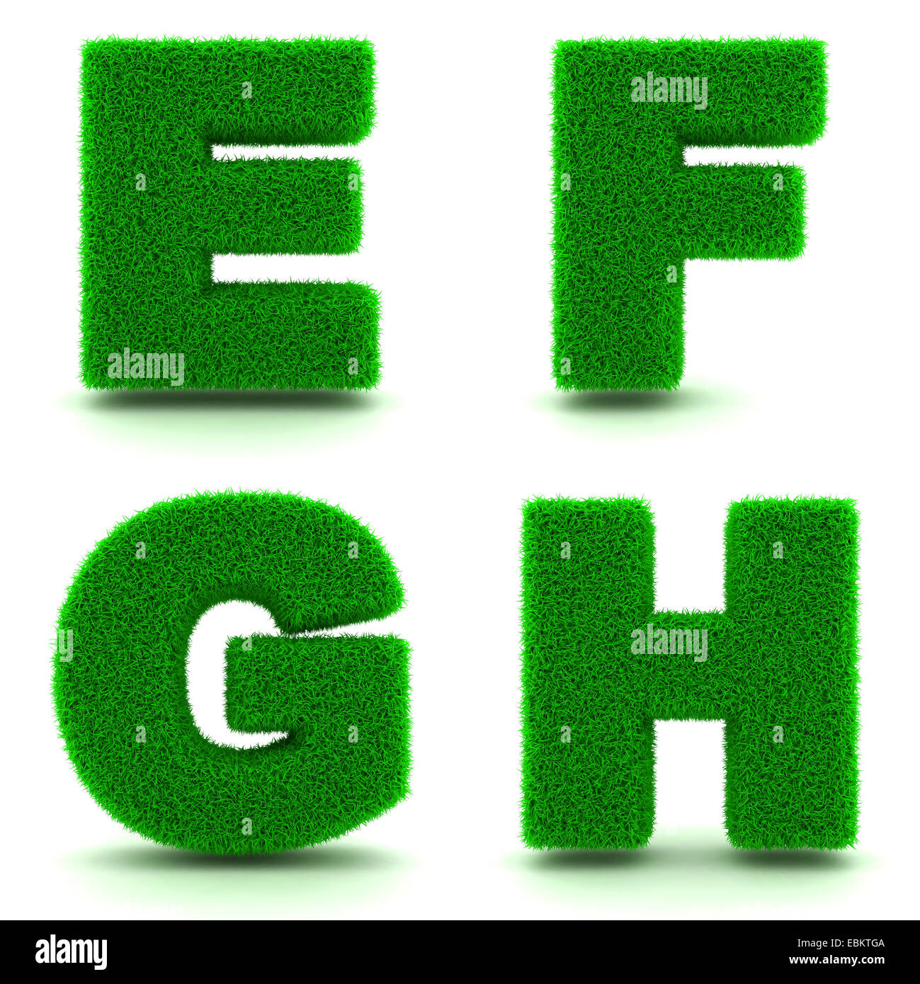 Lettres Alphabet- EFGH Ensemble de lettres 3d'herbe verte sur fond blanc. Banque D'Images