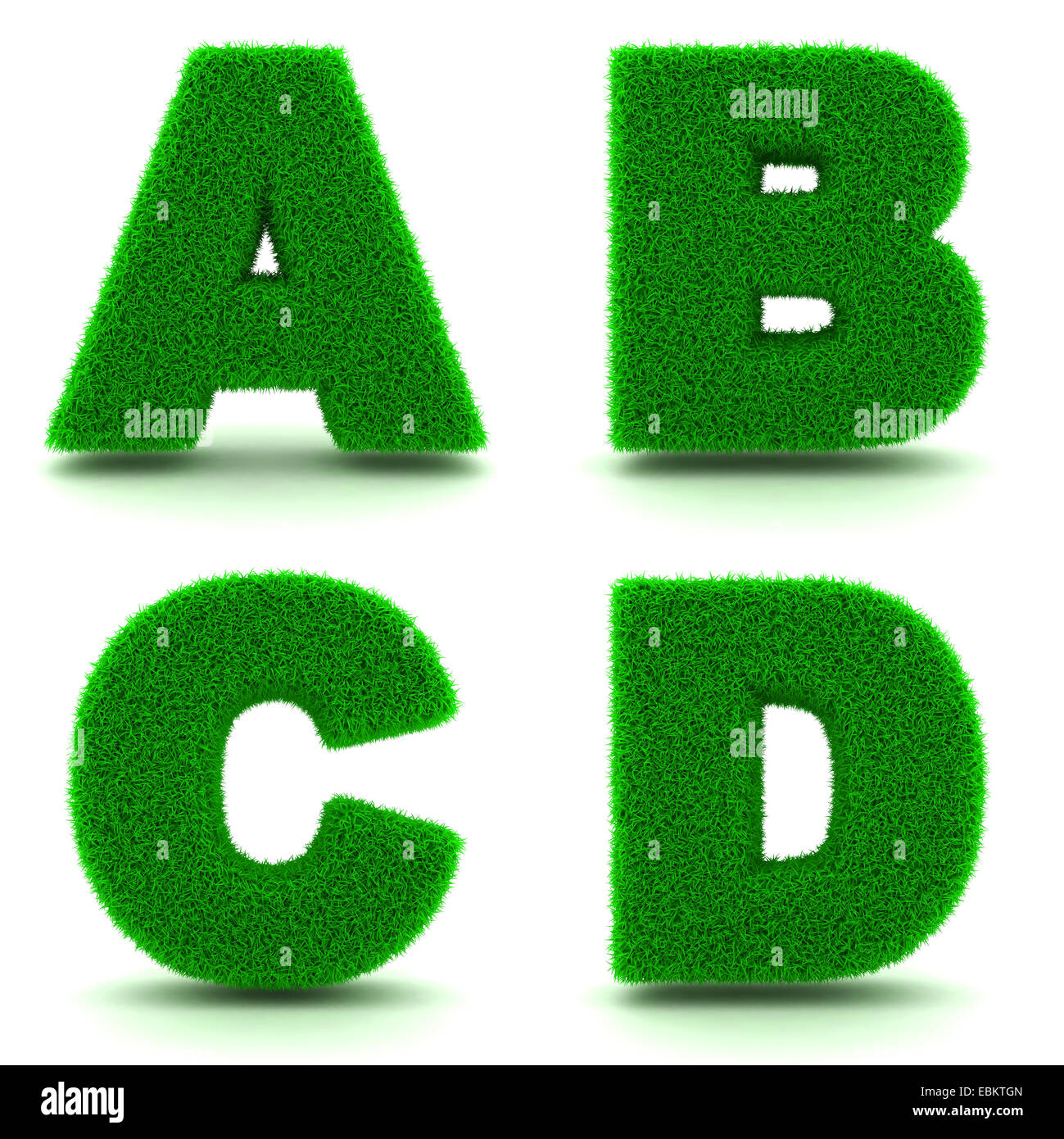 Lettres Alphabet ABCD - Ensemble d'herbe verte sur fond blanc en 3d. Banque D'Images