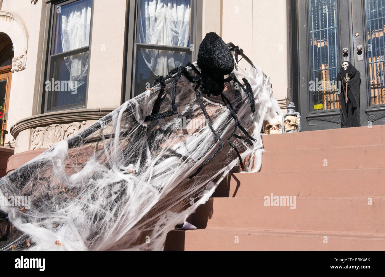 Maison décorée pour l'Halloween avec spider et web, Park Slope, Brooklyn, New York, USA Banque D'Images