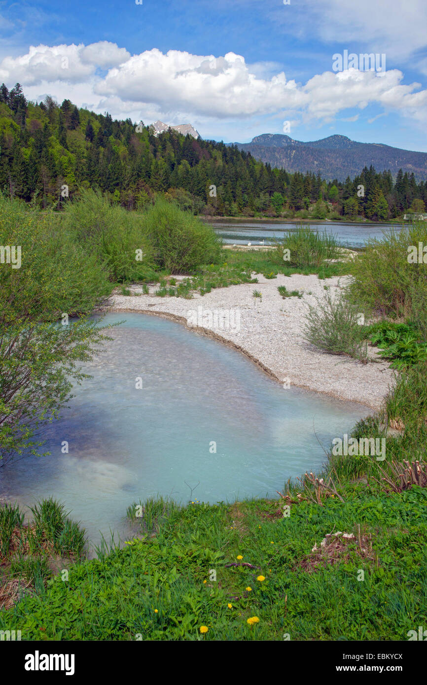 L'eau de glacier opaque tournant en lac de montagne, Allemagne, Bavière, Oberbayern, Haute-Bavière, Mittenwald Banque D'Images