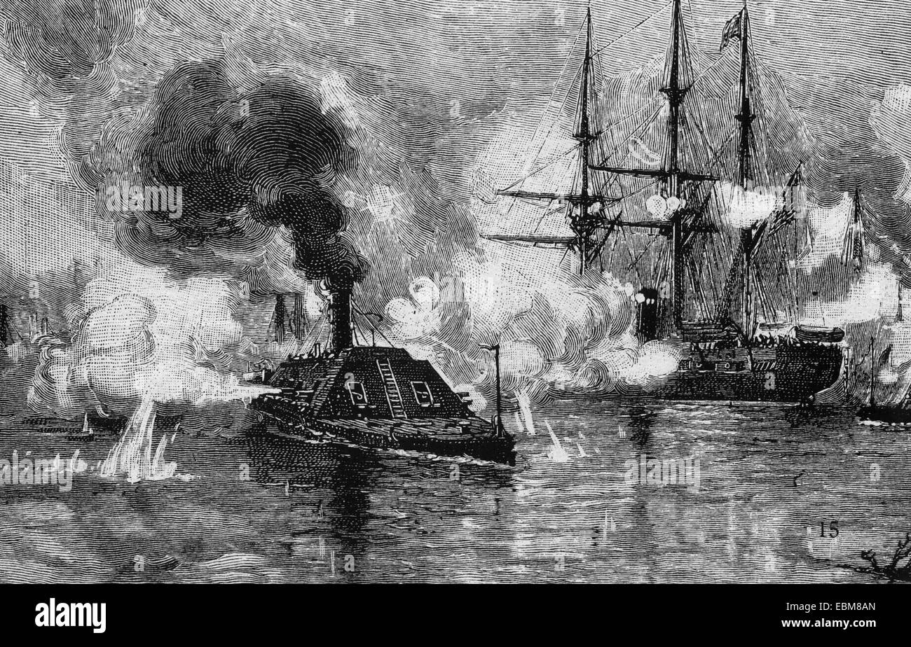 La GUERRE CIVILE AMÉRICAINE ironclad confédéré Ram Dakota fait une audacieuse à travers l'Union des navires au-dessus de Vicksburg 15 Juillet 1862 Banque D'Images