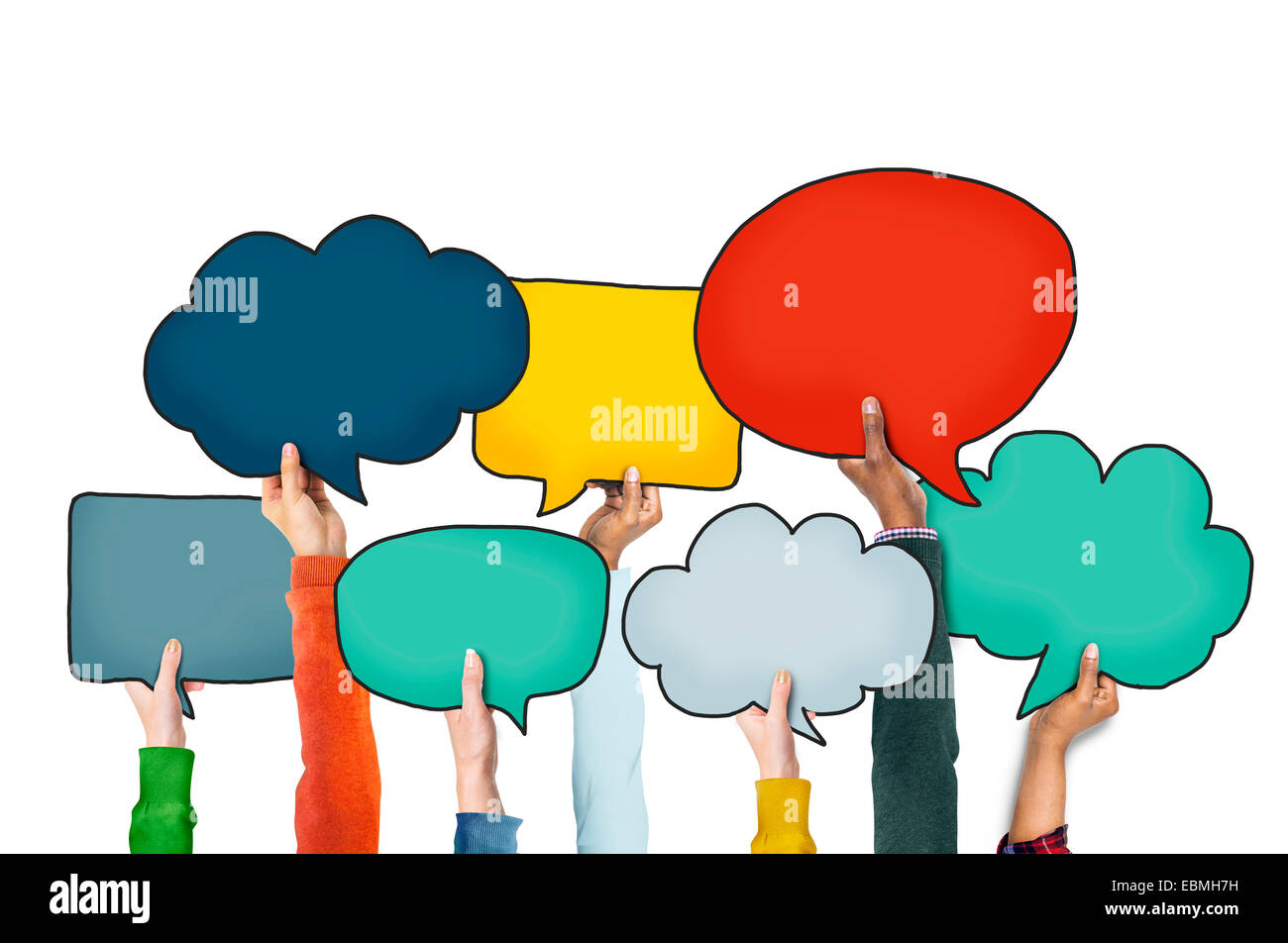 Groupe de mains Holding Speech Bubble Banque D'Images