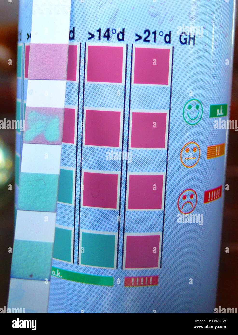 Bande de couleur pour le contrôle de la qualité de l'eau dans les aquariums avec échelle de référence, close-up de la section à propos de la dureté de l'eau Banque D'Images
