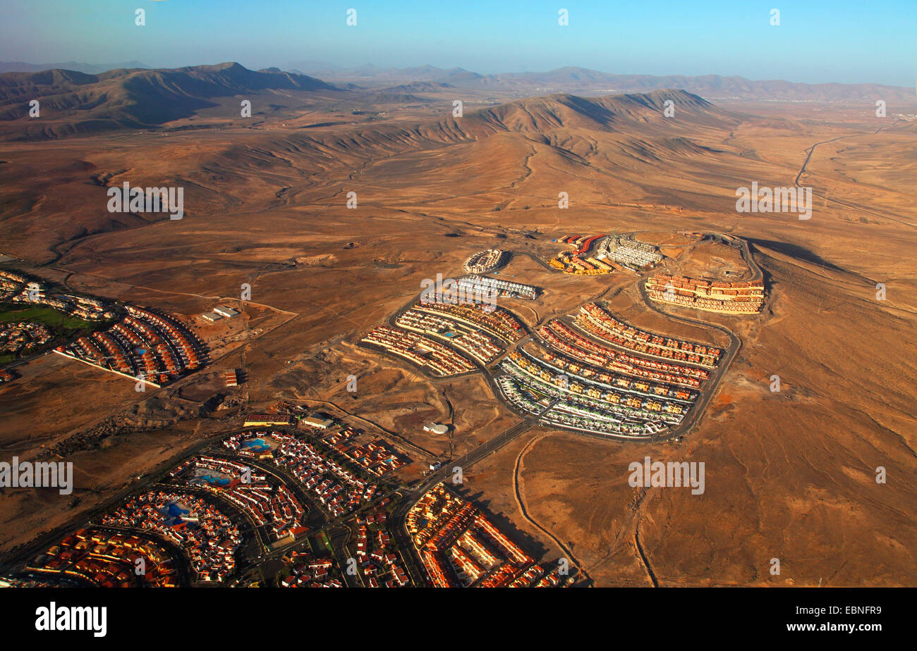 Vue aérienne de maison de vacances à la côte est de Fuerteventura, Îles Canaries, Fuerteventura, Caleta de Fuste Banque D'Images