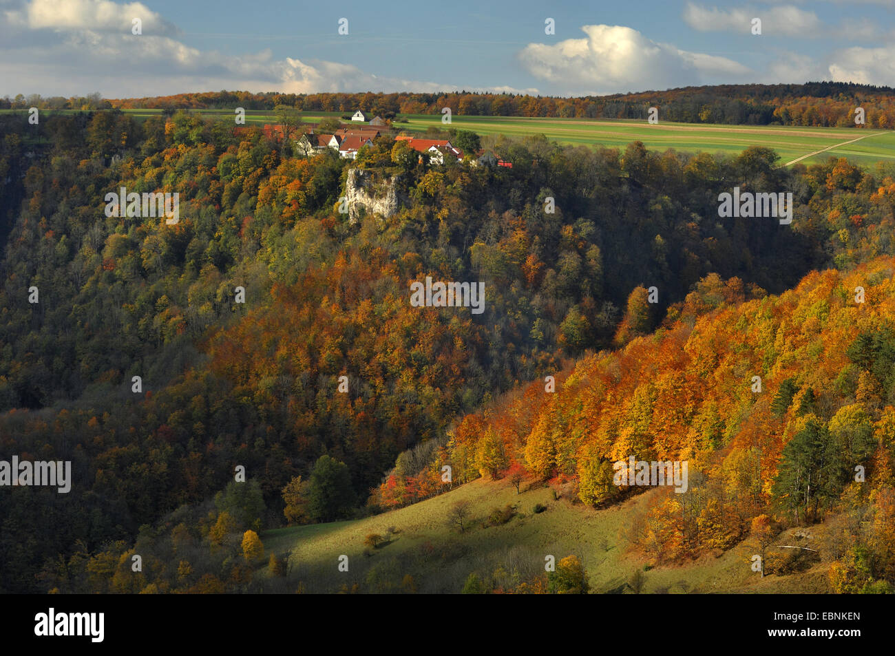Vue d'Krebsstein Weiler en automne, l'Allemagne, Jura Souabe Banque D'Images