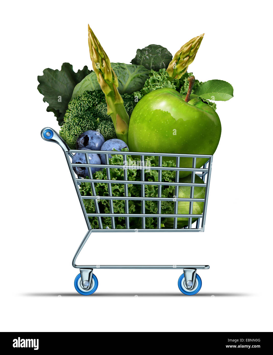 Shopping en bonne santé qu'un supermarché panier rempli de légumes frais et vert comme fruit comme un symbole d'aliments de santé pour bien vivre en achetant des produits du marché sur un fond blanc. Banque D'Images