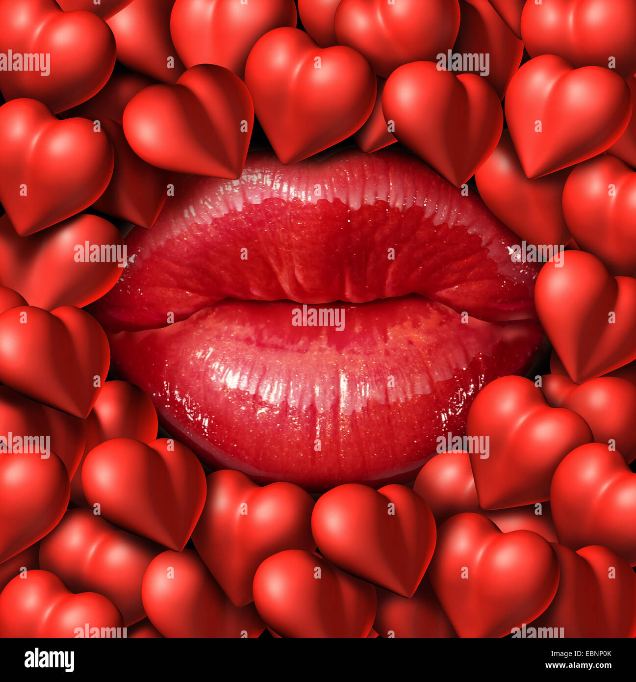 Concept romantique et l'amour comme symbole femelle rouge lèvres entouré par un groupe de cœur des icônes représentant les sentiments et émotions de relation passion. Banque D'Images