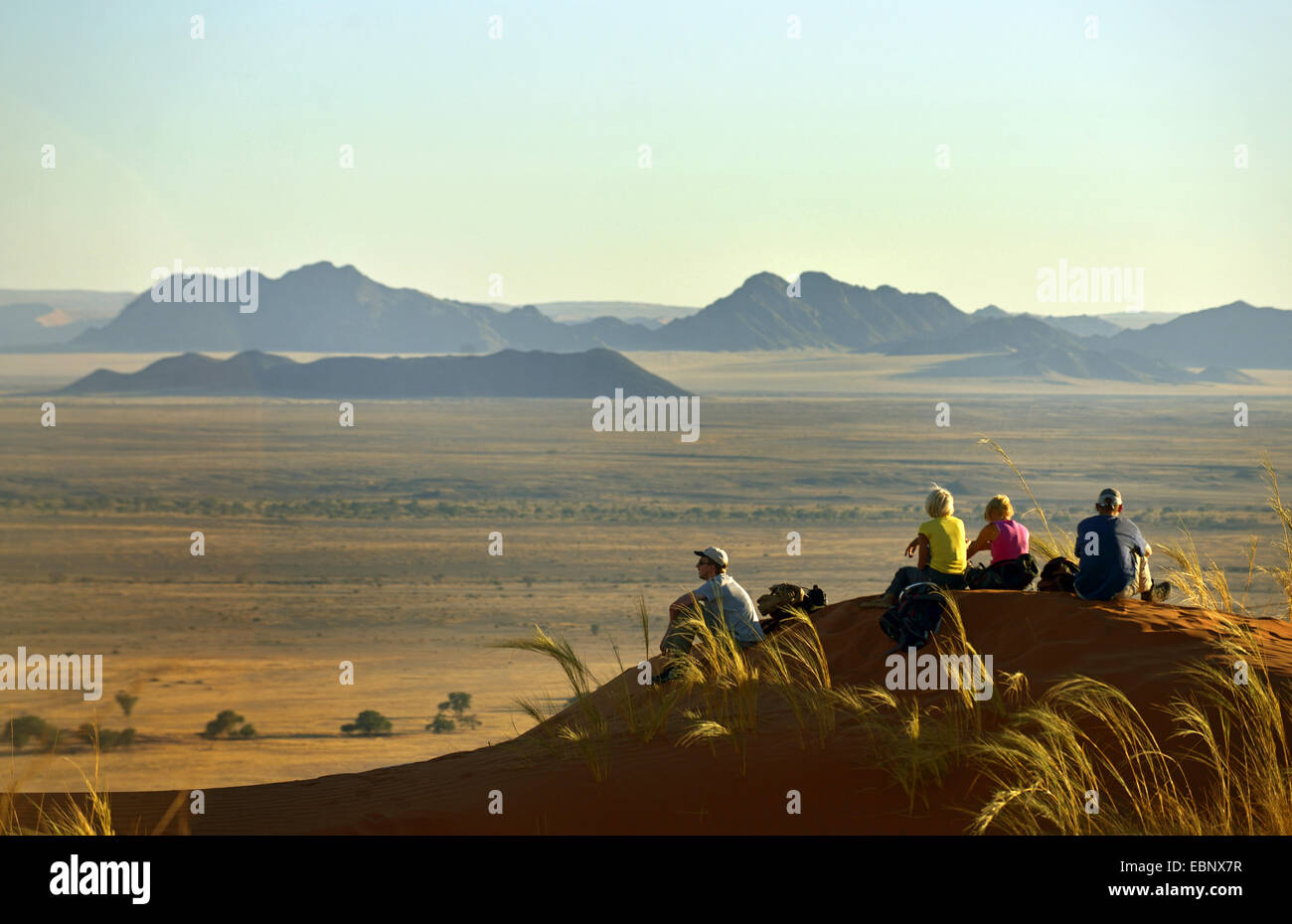 Séance de groupe sur une dune dans le désert et profiter de la vue, la Namibie, le Parc National Namib Naukluft Sesriem Camp, Banque D'Images