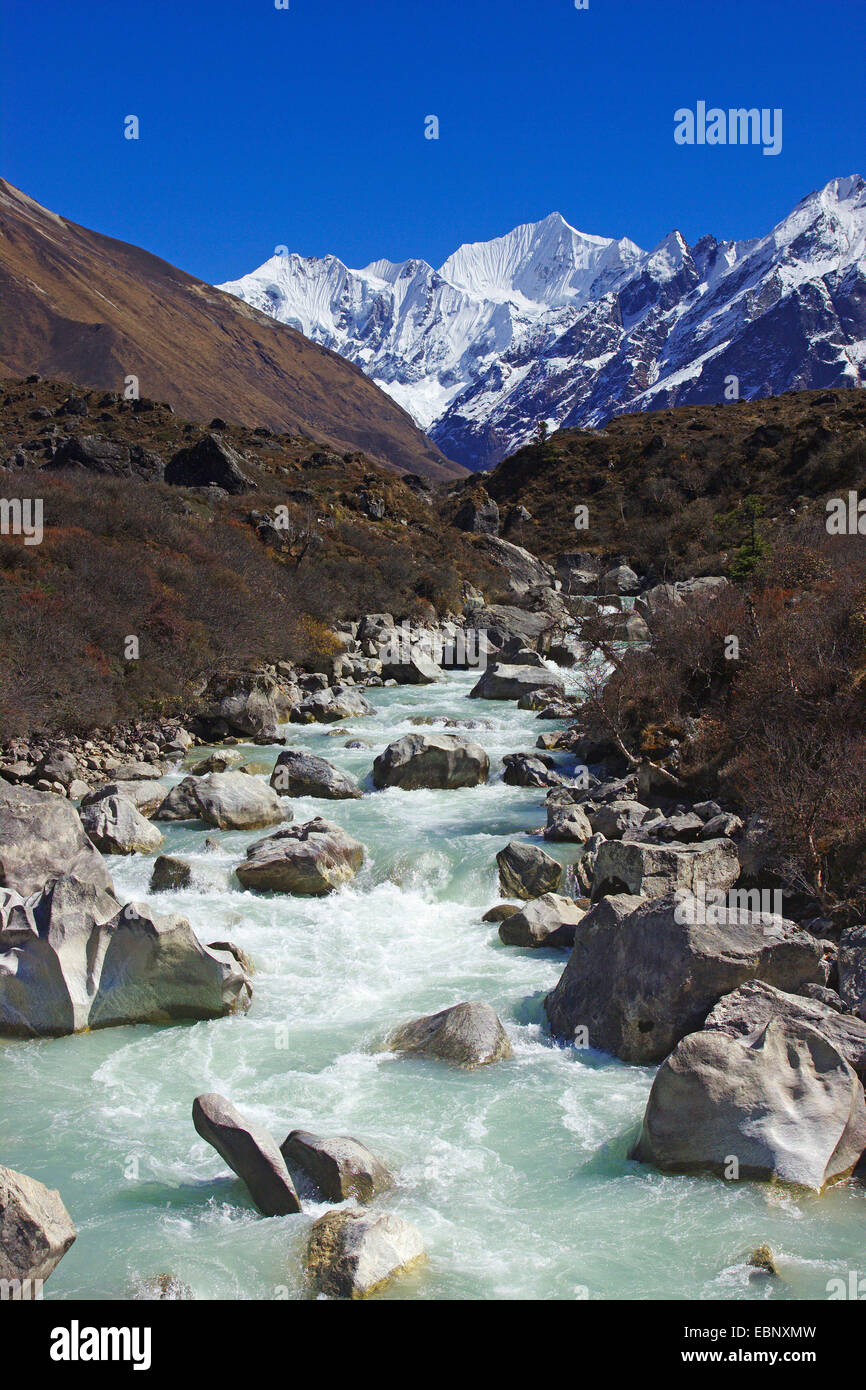 Rivière au Langtang Valley avec Gangchempo, Népal, Langtang Himal Banque D'Images