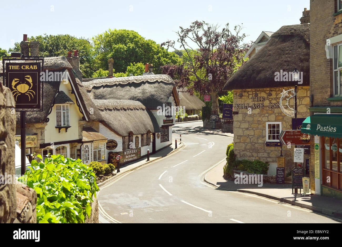 Route sinueuse à travers vieux village pittoresque avec des maisons au toit de chaume, France, Régions, Bretagne, Shanklin Banque D'Images